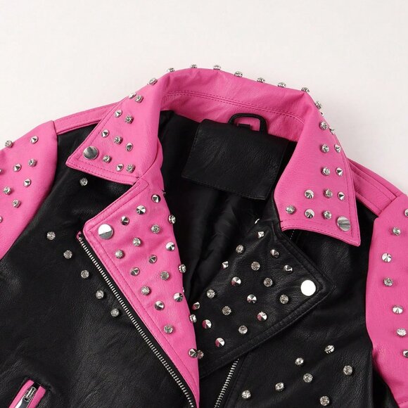 Pink Casual Women's Faux Leather Biker Jacket with Diamond Studs - Picture 6 of 8